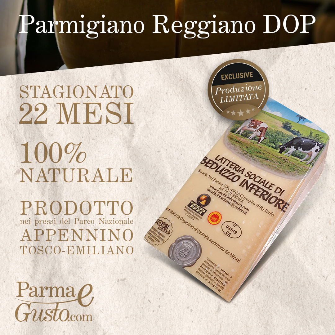 Parmigiano Reggiano DOP 22 Mesi della Latteria Sociale Beduzzo Inferiore. In vendita nello shop online di PARMAeGUSTO by San Nicola.