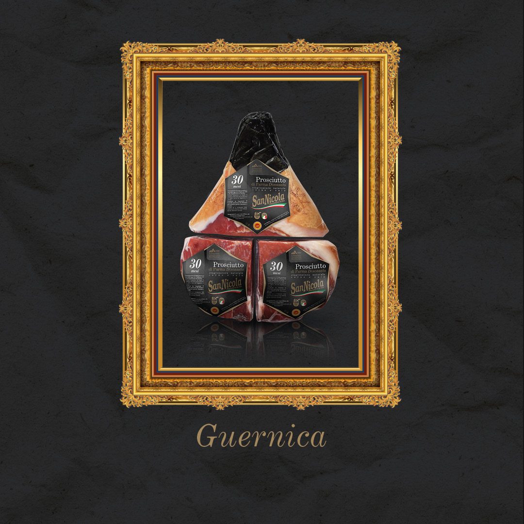 Guernica. Prosciutto di Parma San Nicola Disossato 30 Mesi Pressato in 3 pezzi. Le Eccellenze di PARMAeGUSTO.